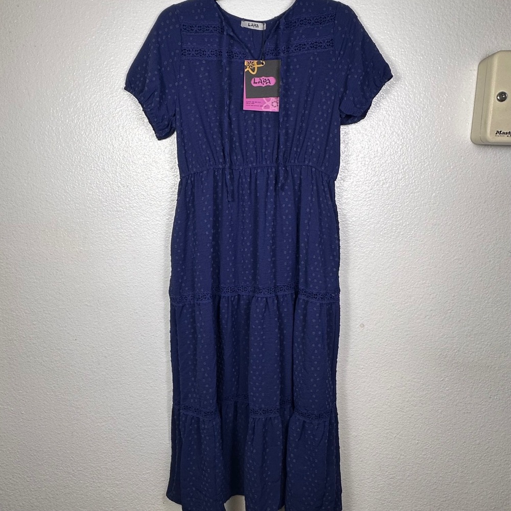 LAPA Plus Navy Blue Clip Dot Tiered Midi Dress Crochet Lace Boho Womens 1XL NEW‎